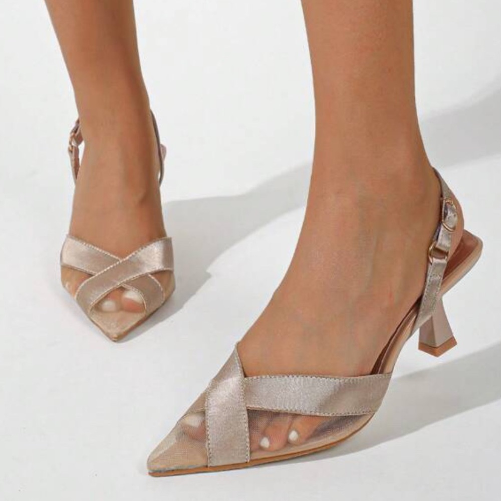 Nude cream Mesh satin point Toe Cross Over slingback Heels
